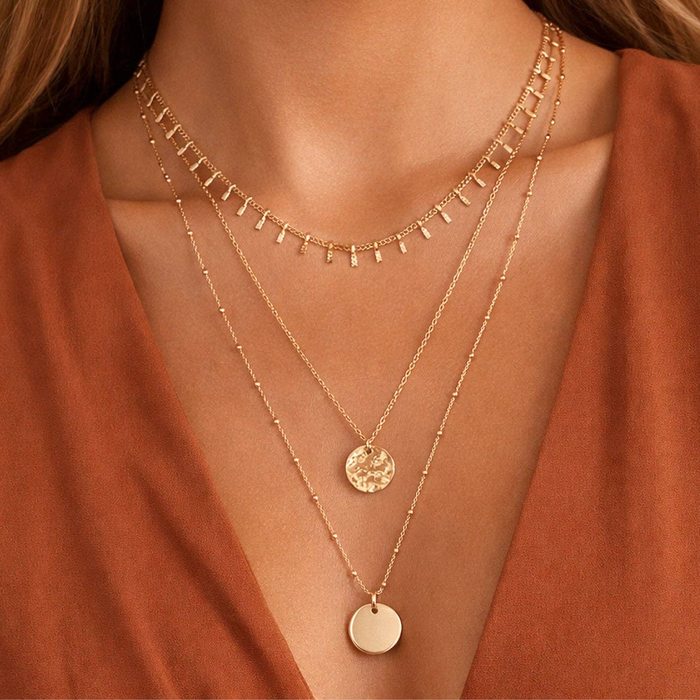 MA221 Mia Accessories - Dainty 18K Gold Stainless Steel Layered Coin Necklace - 6932