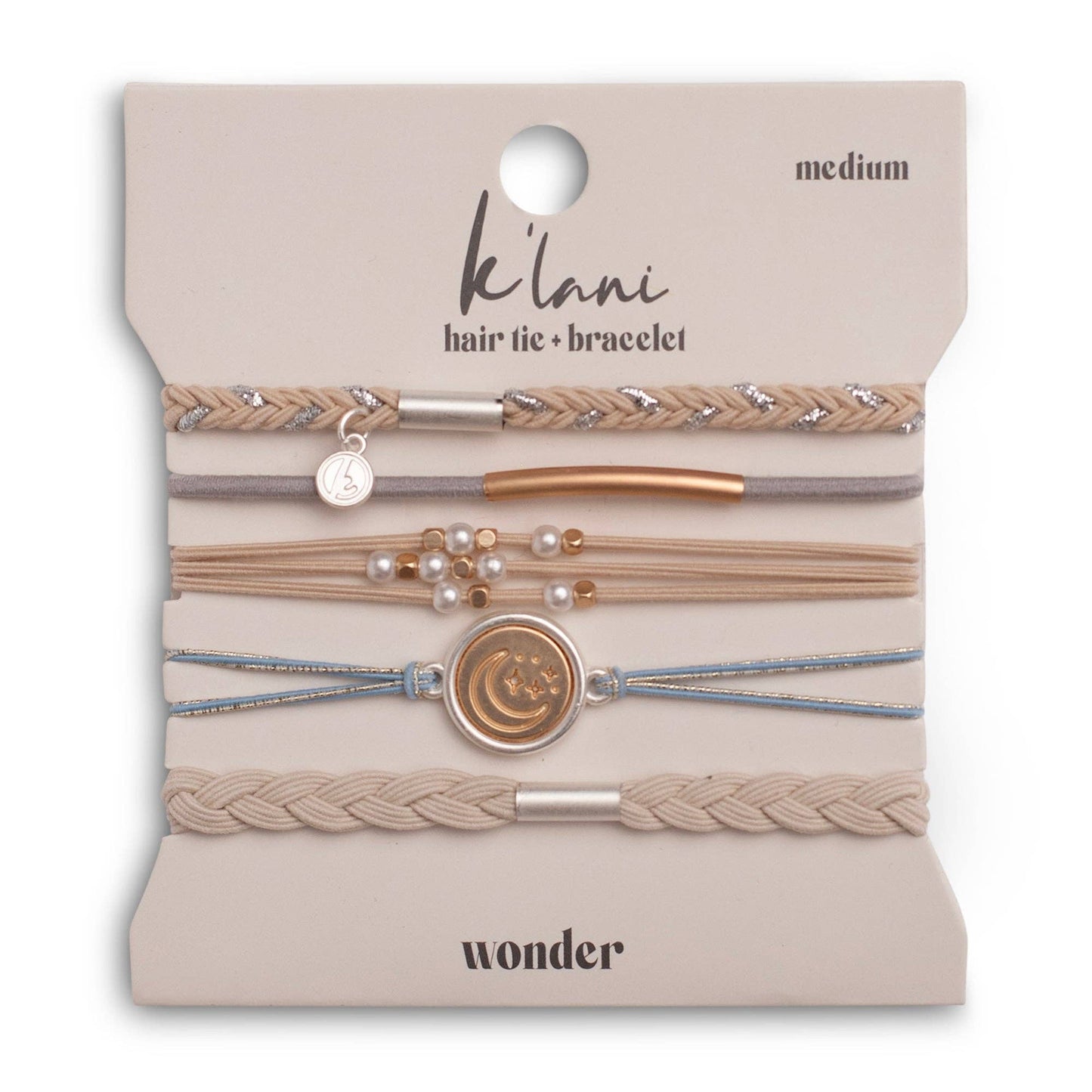 K'lani hair tie bracelets - "Wonder" Soft Creams & Blues with Pearls & Gold Hair Tie Bracelets