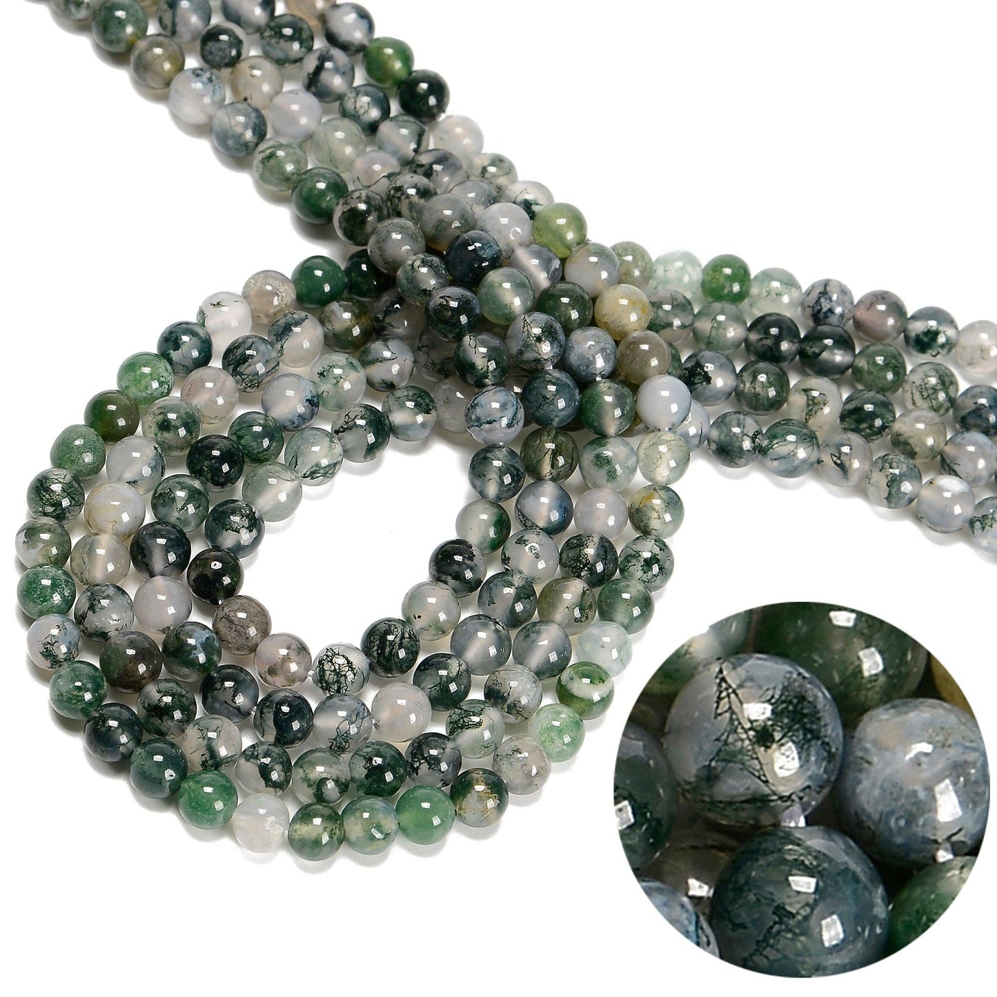 CRCBEADS - Green Moss Agate Smooth Round Beads 4mm 6mm 8mm 10mm Approx 15.5" Strand