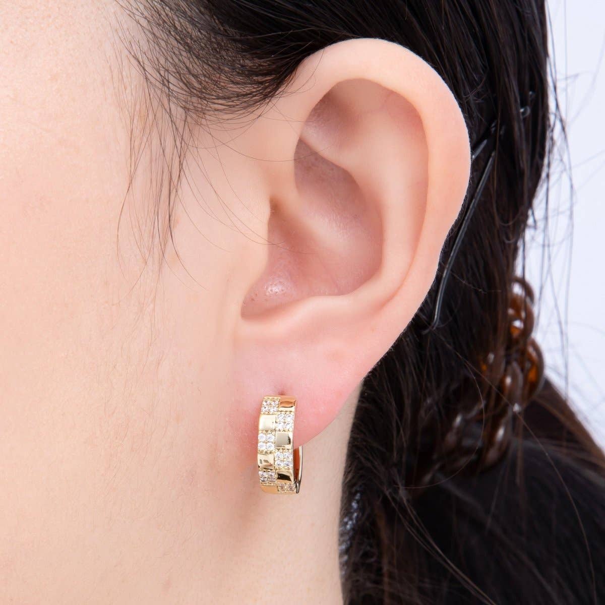 Aim Eternal - 14K Gold Filled 15mm Micro Paved CZ Checkered Huggie | EARRINGS-00249