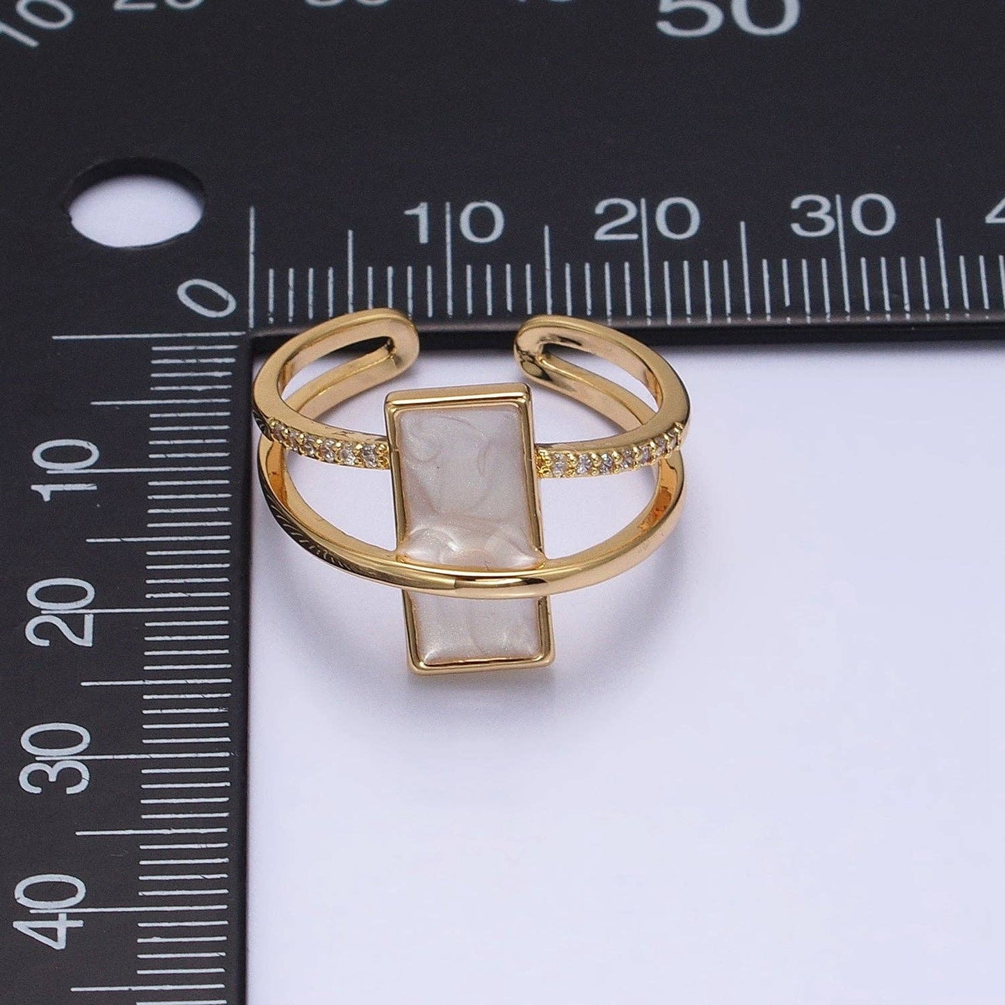 Aim Eternal - White Sparkly Enamel Bar Micro Paved CZ Double Band Ring