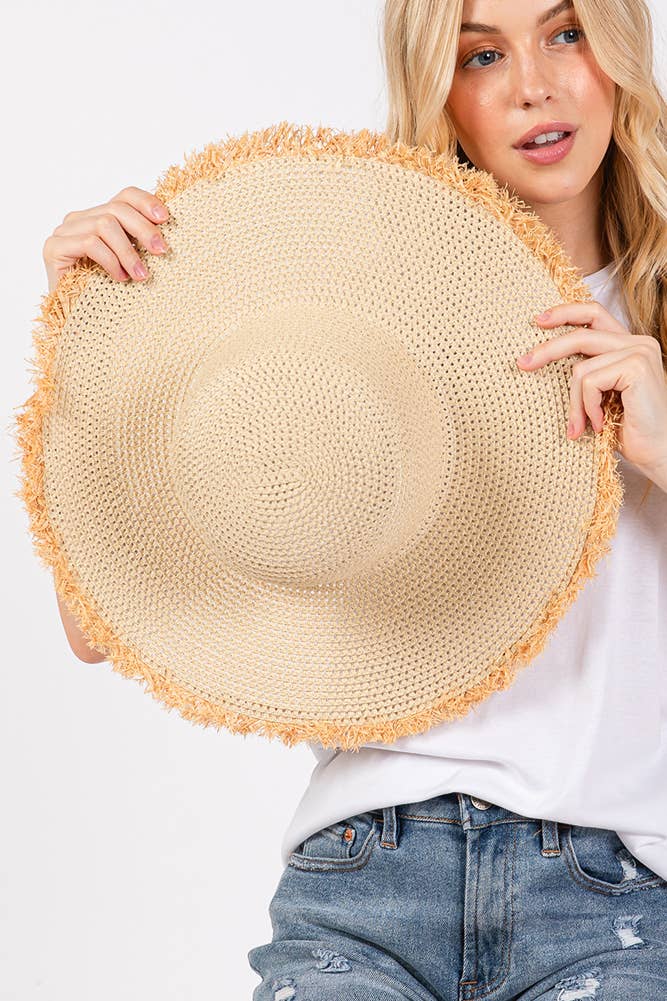 Hana - Frayed Edge Two Tone Floppy Summer Straw Hat