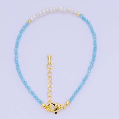 Aim Eternal - 24K Gold Filled Shell Pearl Multifaceted Natural Gemstone Bead 6.69 Inch Bracelet w. Extender | WA-03695 ~ WA-03717