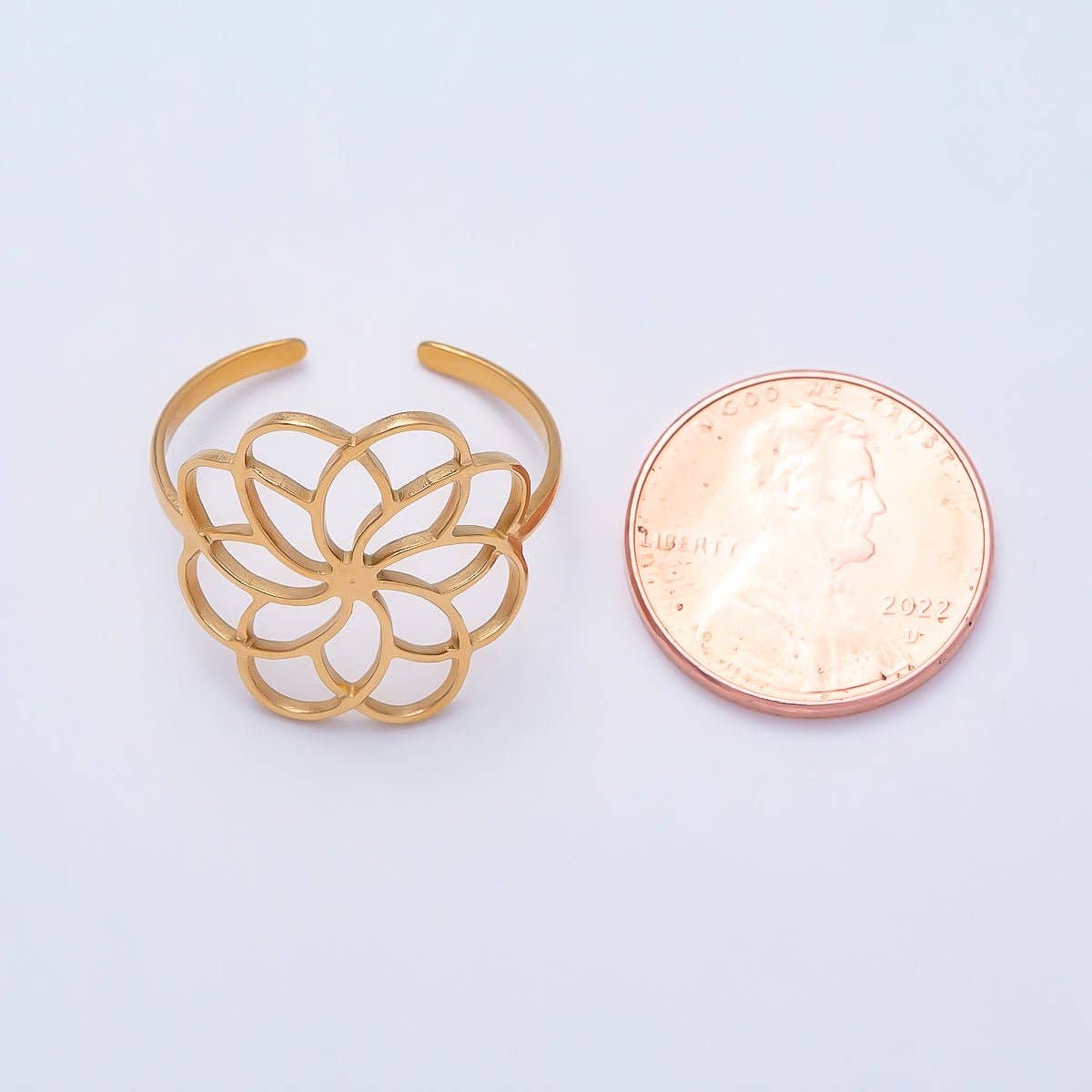 Aim Eternal - PVD Gold Stainless Steel Open Minimalist Flower Statement Ring | Rings-00323
