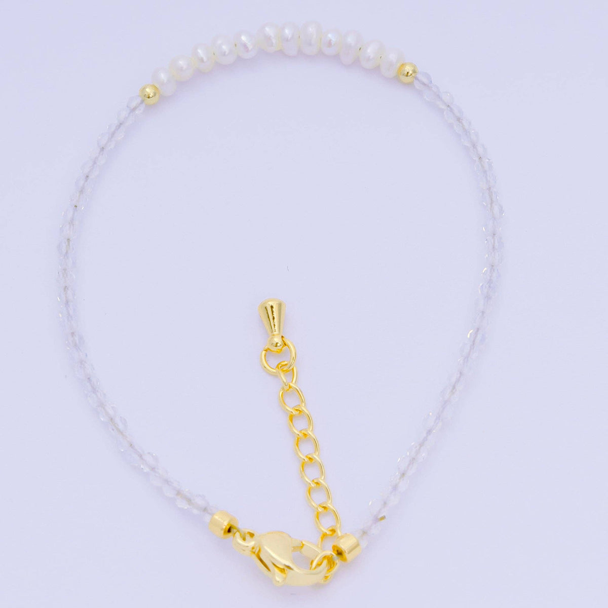 Aim Eternal - 24K Gold Filled Shell Pearl Multifaceted Natural Gemstone Bead 6.69 Inch Bracelet w. Extender | WA-03695 ~ WA-03717