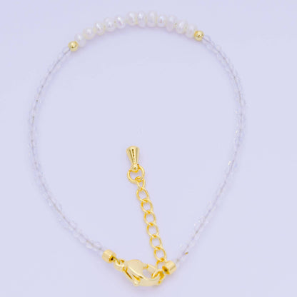 Aim Eternal - 24K Gold Filled Shell Pearl Multifaceted Natural Gemstone Bead 6.69 Inch Bracelet w. Extender | WA-03695 ~ WA-03717