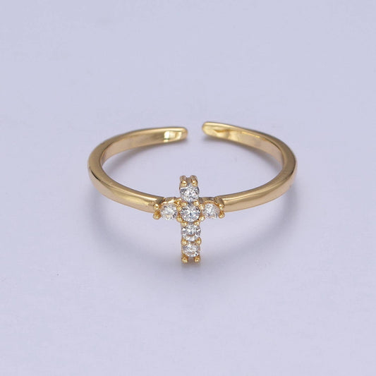 Aim Eternal - Minimalist Holy Religious CZ Crystal Cross Gold Ring O2140