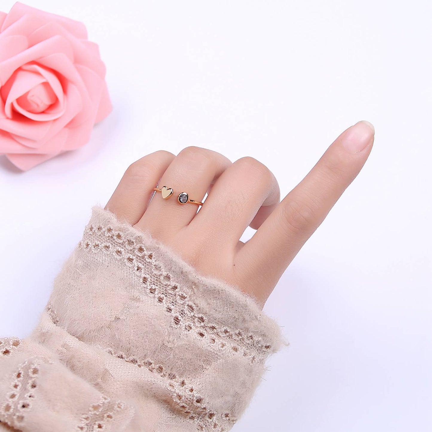 Aim Eternal - Simple Minimalist Heart & CZ Stone Adjustable Open Ring