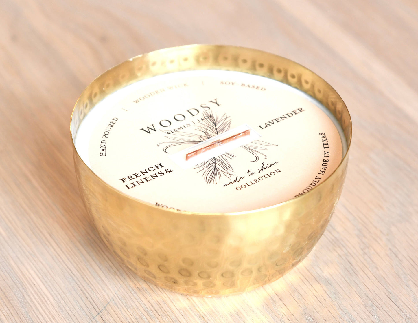 Woodsy Homelife - French Linens & Lavender-Solid Brass 14oz Pure Soy Candle