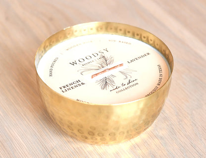 Woodsy Homelife - French Linens & Lavender-Solid Brass 14oz Pure Soy Candle