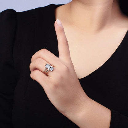 Aim Eternal - White Sparkly Enamel Bar Micro Paved CZ Double Band Ring