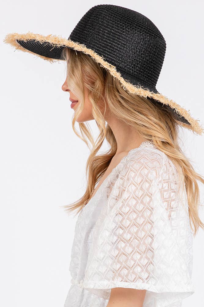 Hana - Frayed Edge Two Tone Floppy Summer Straw Hat