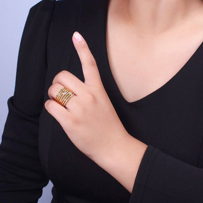 Aim Eternal - Gold Wide Multiple Bamboo Geometric CZ Band Statement Ring | O-068