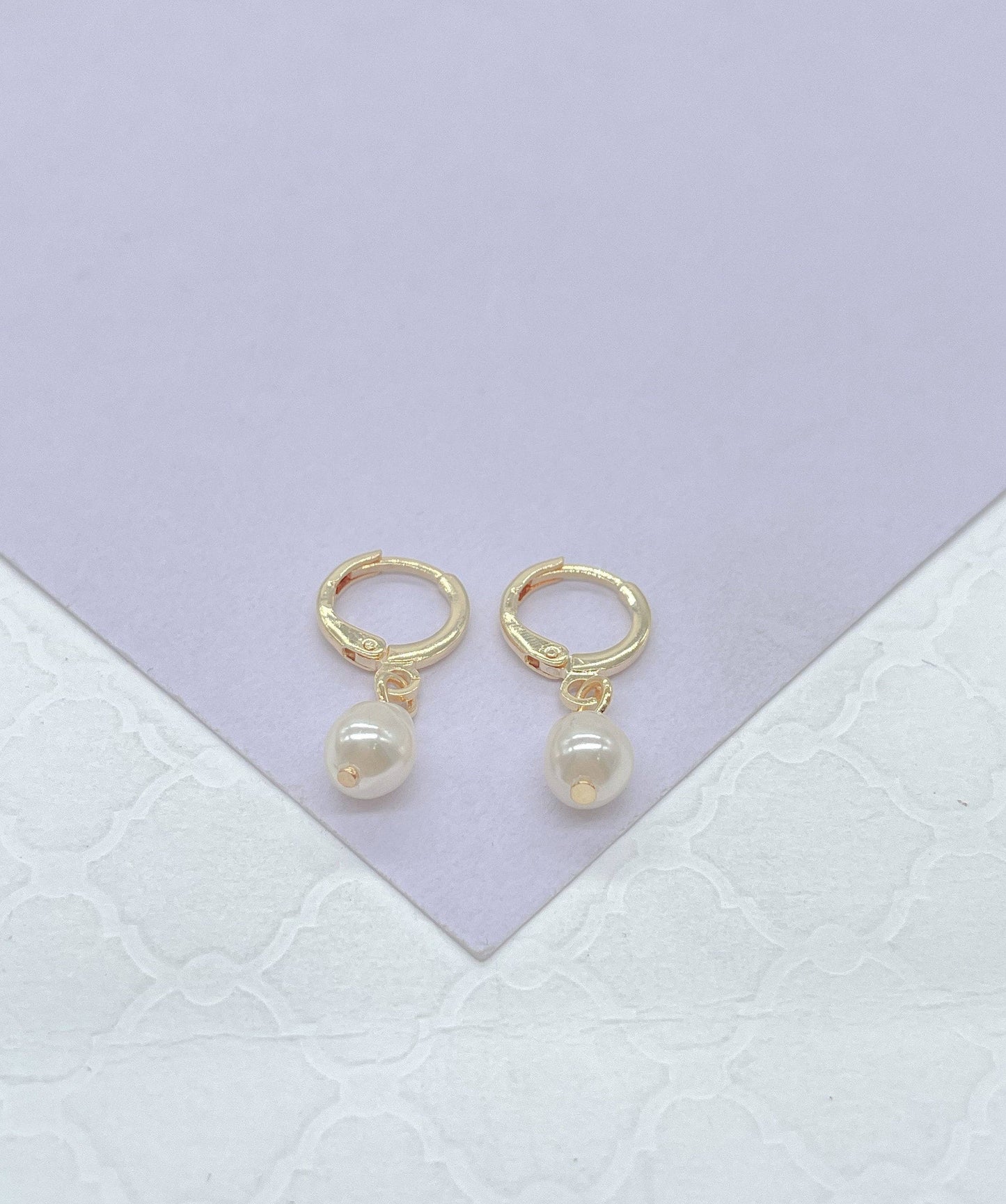 Milie Jewels - 18k Gold Filled Dainty Dangling Hoop With Small Pearl Charm