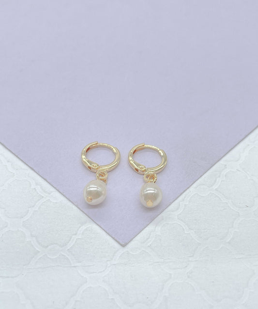 Milie Jewels - 18k Gold Filled Dainty Dangling Hoop With Small Pearl Charm