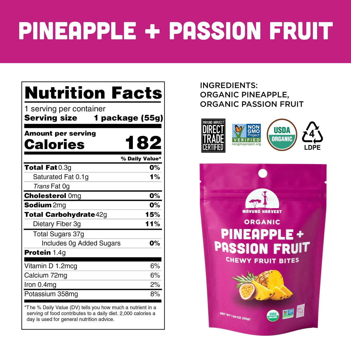 Mavuno Harvest Organics - Organic Pineapple & Passionfruit Fruit Bites, 8-pack case