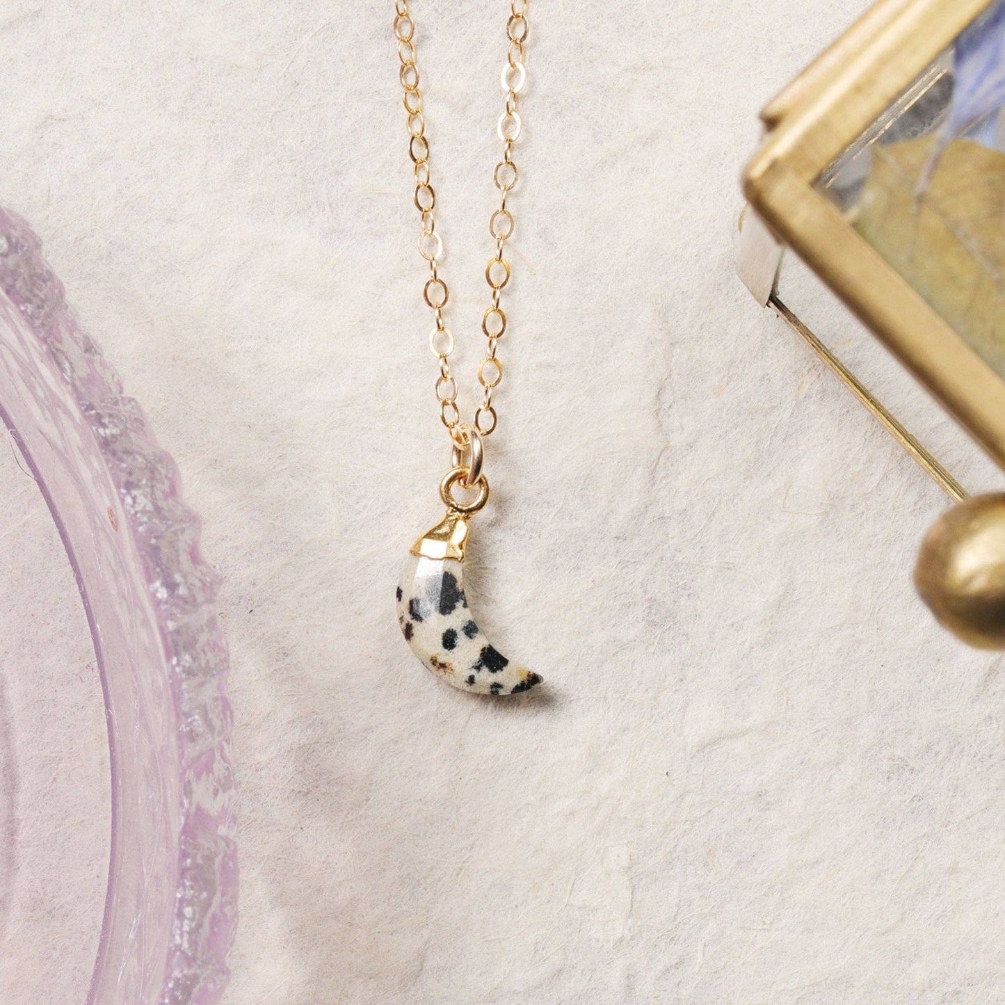 Soul & Little Rose - Dalmatian Jasper Moon Shape Gold Necklace