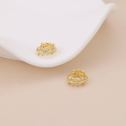 Melange Blanc - E043 gold leaf huggie earrings, leaf hoop earrings, huggies