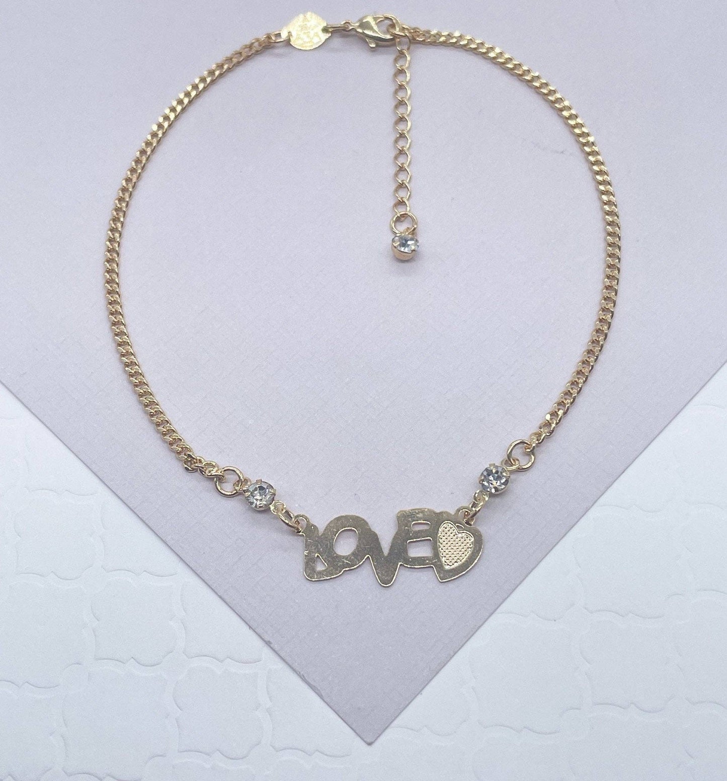 Milie Jewels - 18k Gold Filled Cuban Link "Love" Anklet with Cubic Zirconia