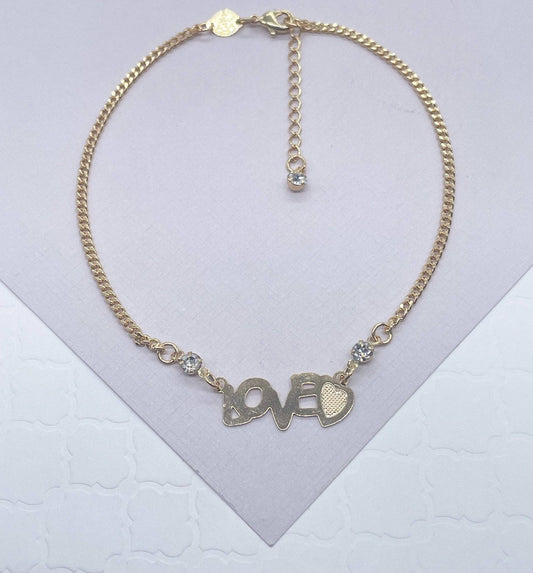 Milie Jewels - 18k Gold Filled Cuban Link "Love" Anklet with Cubic Zirconia