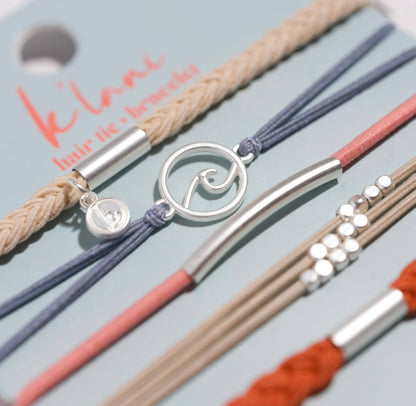 K'lani hair tie bracelets - "Celebrate" Blues and Corals With Silver Wave Charm Hair Tie Bracelets