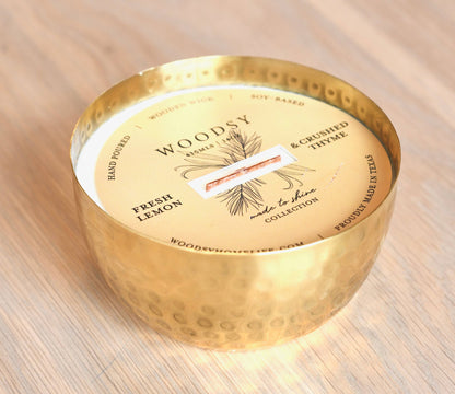 Woodsy Homelife - Fresh Lemon & Crushed Thyme-Solid Brass 14oz Pure Soy Candle