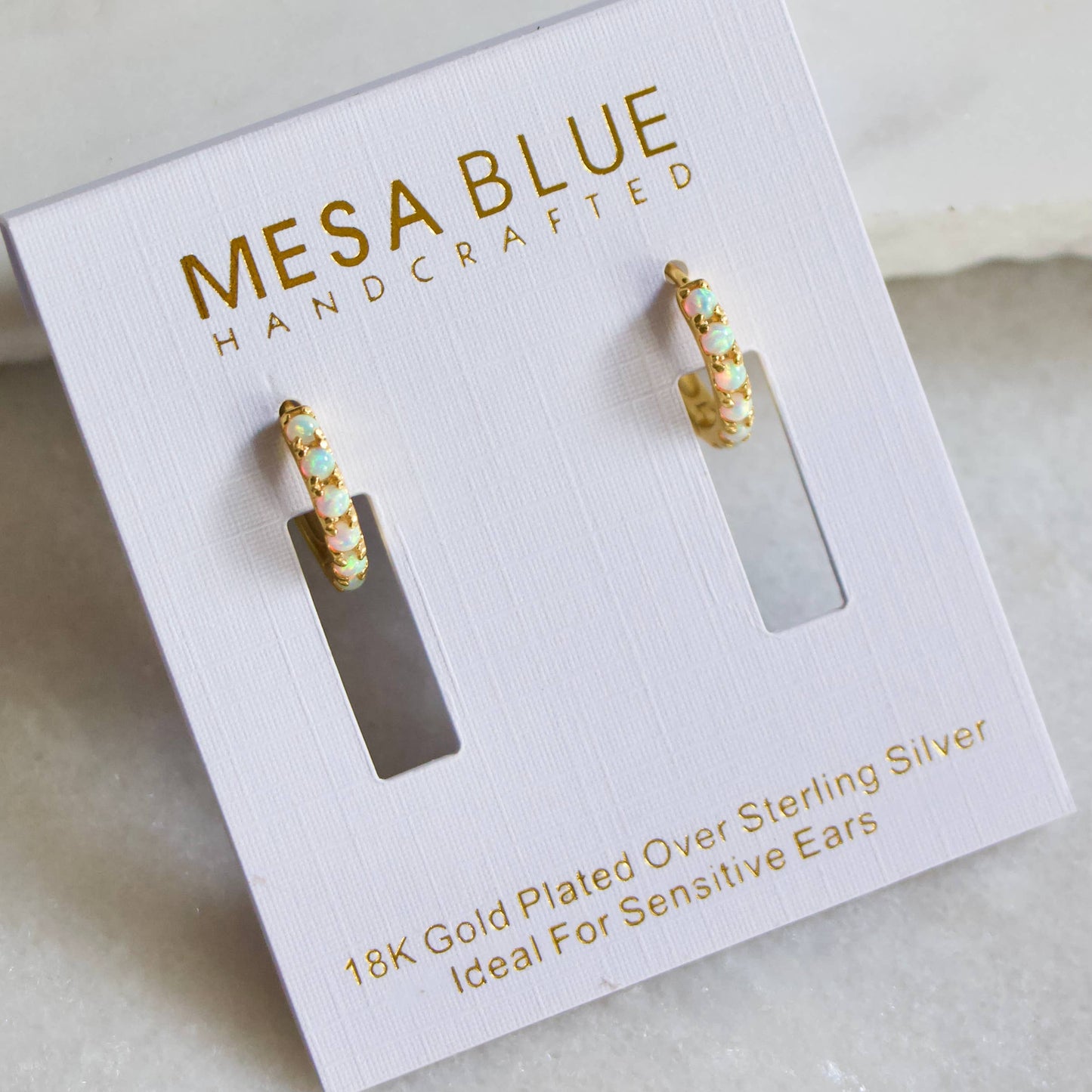 Mesa Blue - Opal Huggie Hoop Earrings - 10mm -Hypoallergenic, Sterling S