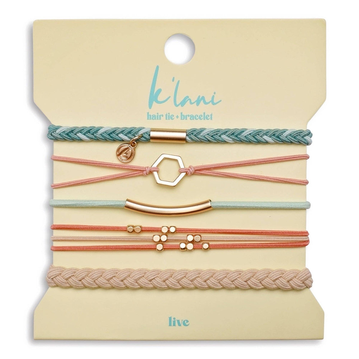 K'lani hair tie bracelets - "Live" Teal & Coral with Gold Accent Hair Tie Bracelets