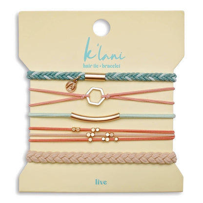 K'lani hair tie bracelets - "Live" Teal & Coral with Gold Accent Hair Tie Bracelets