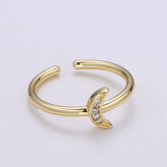 Aim Eternal - 1pc Cresent Moon CZ 24k Gold Ring, Moon Cubic Pave Adjustable Gold Curb Ring, Simple Ring, Clear Cubic Zirconia R316
