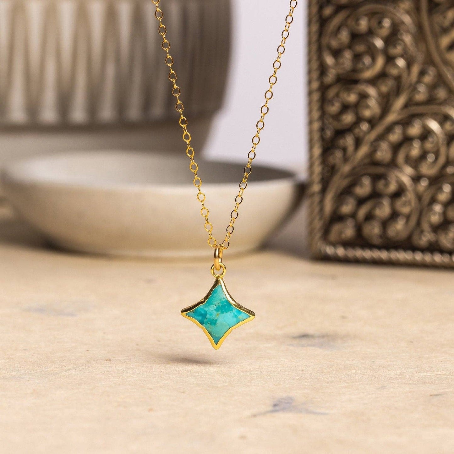 Soul & Little Rose - Turquoise Gold Four Point Star Necklace 14k Gold Filled Adjustable chain
