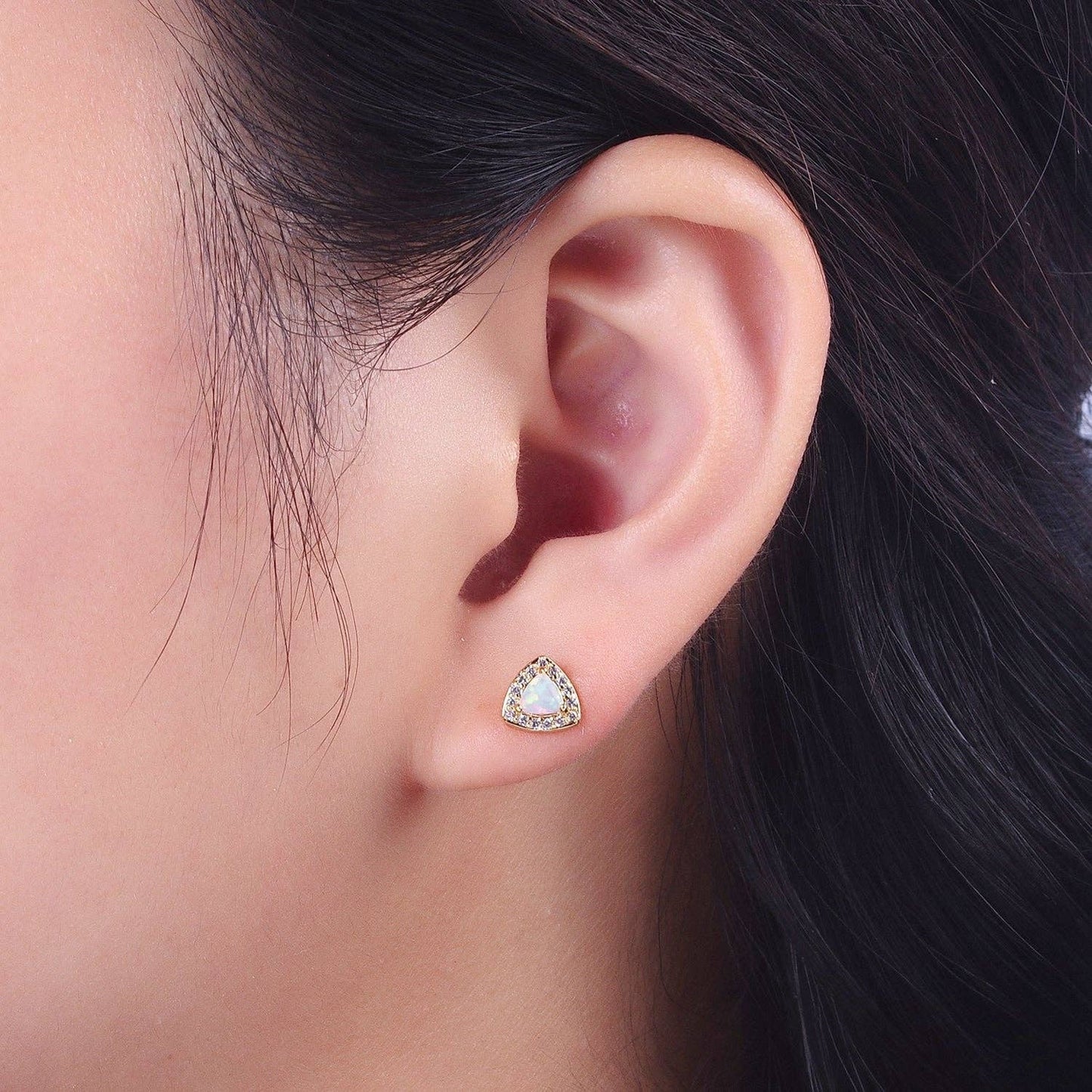 Aim Eternal - 14K Gold Filled White Opal Micro Paved CZ Triangle Stud Earrings | Y086