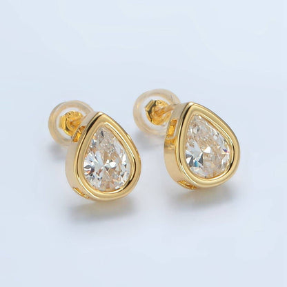 Aim Eternal - 24K Gold Filled 10mm Clear CZ Teardrop Bezel Stud Earrings | P540