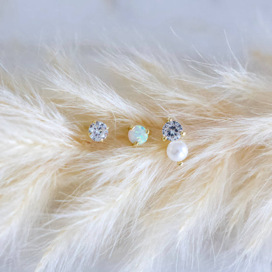 Mesa Blue - Opal, Pearl, CZ Earring Set, Hypoallergenic, Sterling 