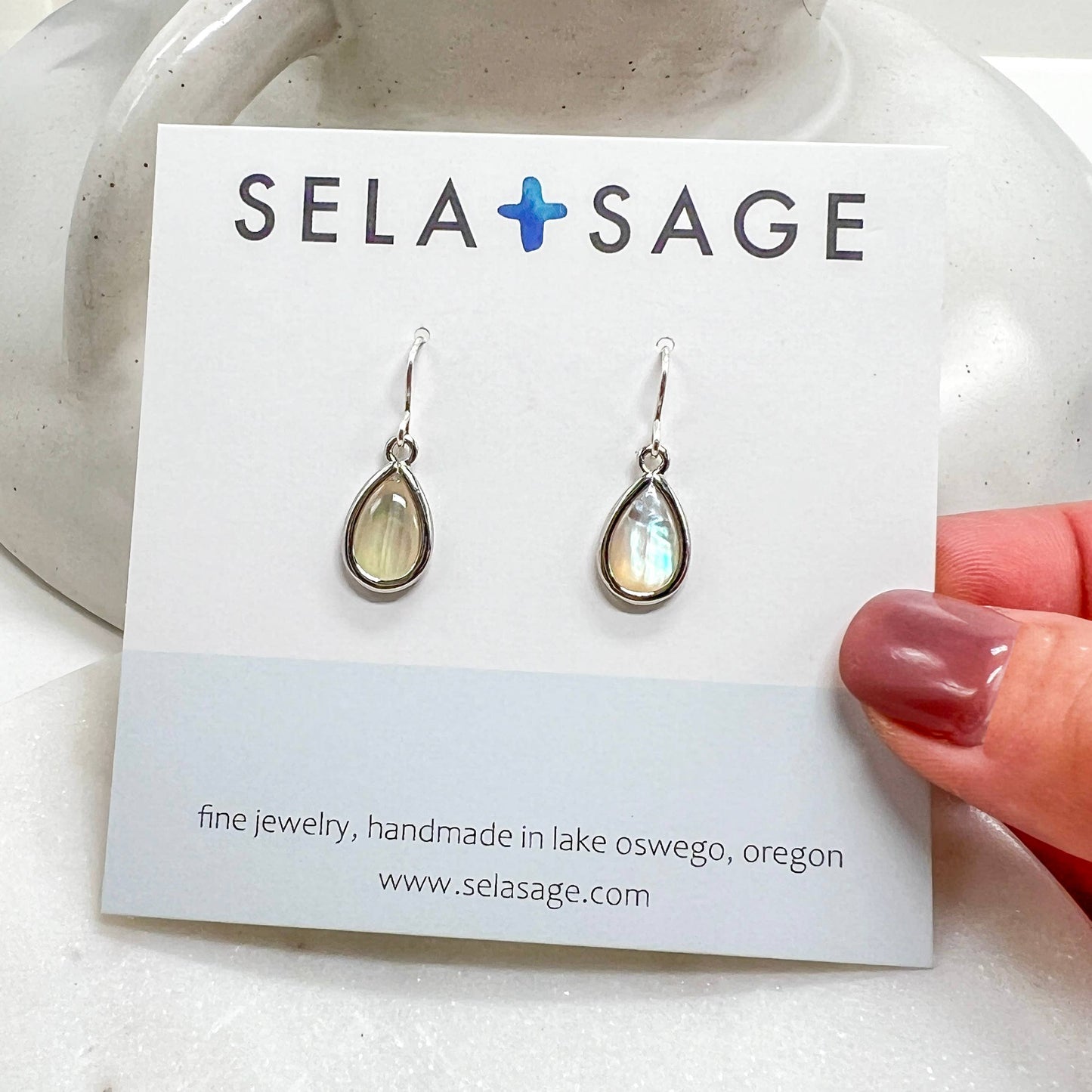 Sela+Sage - Small Mother of Pearl Earrings, Bezel Teardrops Gold Filled