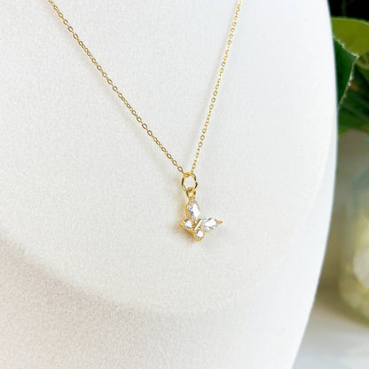 Melange Blanc - N025 gold crystal butterfly charm pendant necklace