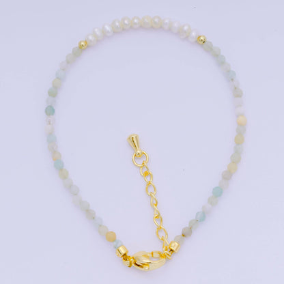 Aim Eternal - 24K Gold Filled Shell Pearl Multifaceted Natural Gemstone Bead 6.69 Inch Bracelet w. Extender | WA-03695 ~ WA-03717