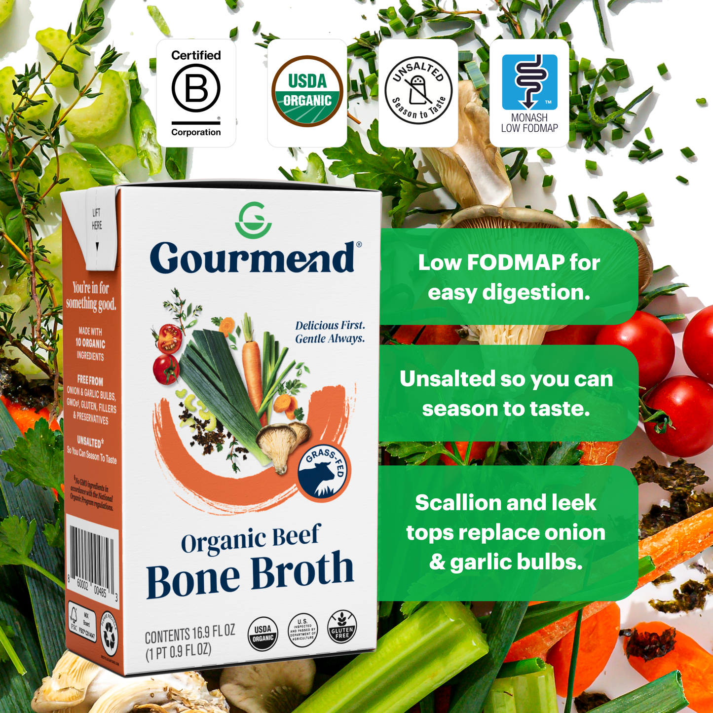 Gourmend Foods - Beef Bone Broth (Organic, Just 10 Ingredients, Low FODMAP)