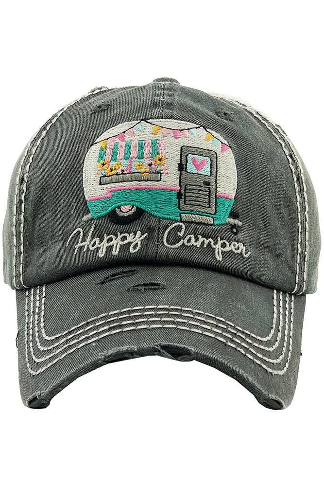 Hana - Embroidered HAPPY CAMPER Washed Vintage Baseball Cap