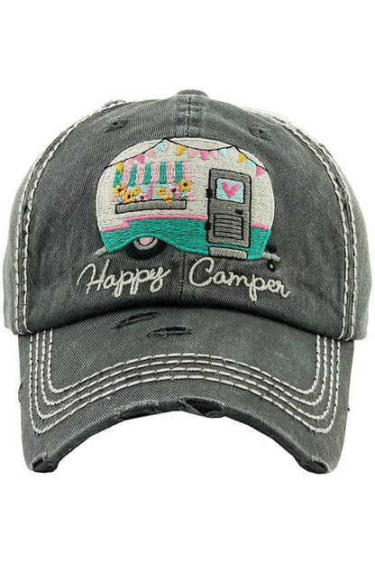 Hana - Embroidered HAPPY CAMPER Washed Vintage Baseball Cap