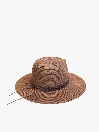 Jen & Co. - HAT2497 Mary Straw Fedora w/ Leather Chain Band