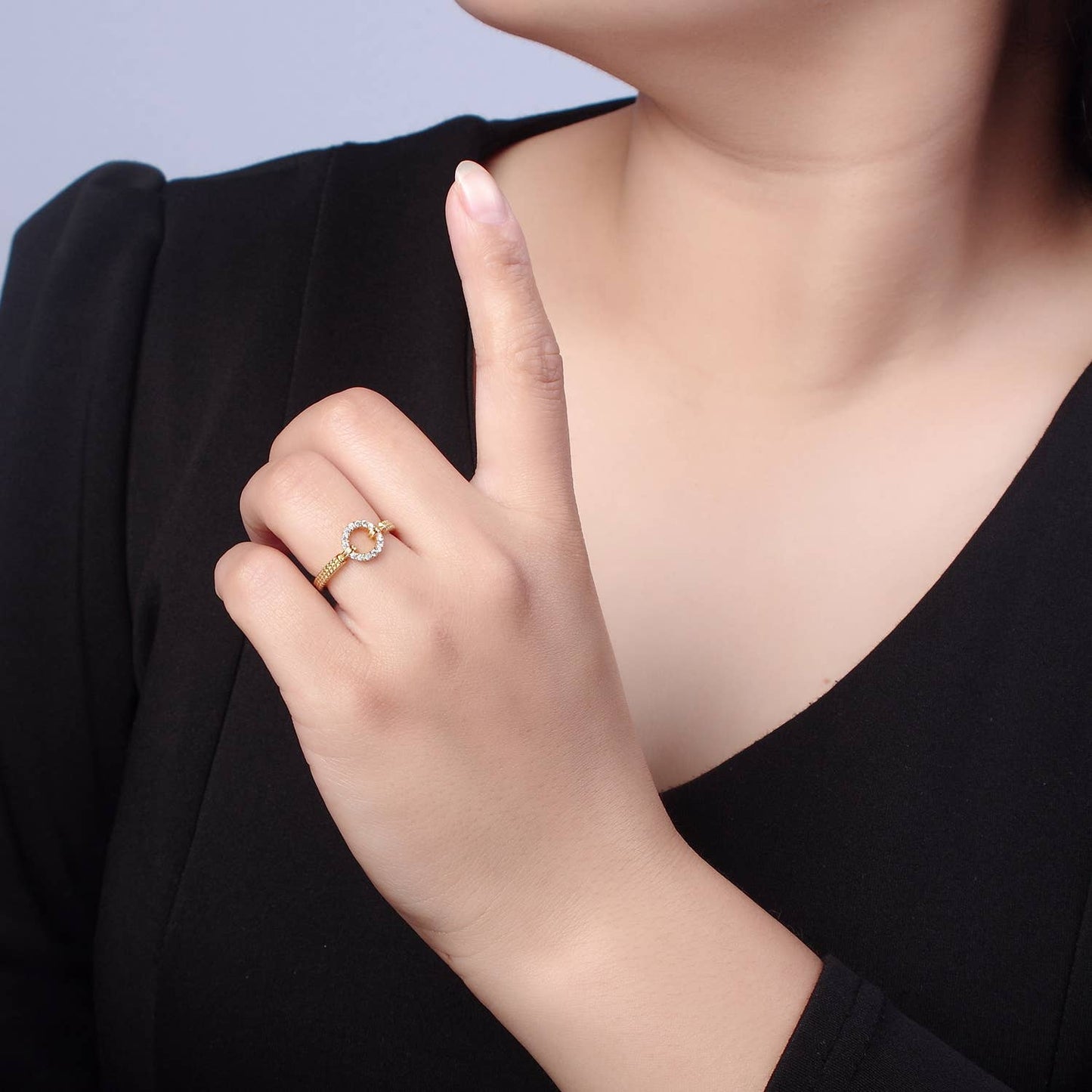 Aim Eternal - Micro Pave Geometric Round Shape Gold Open Ring O2071
