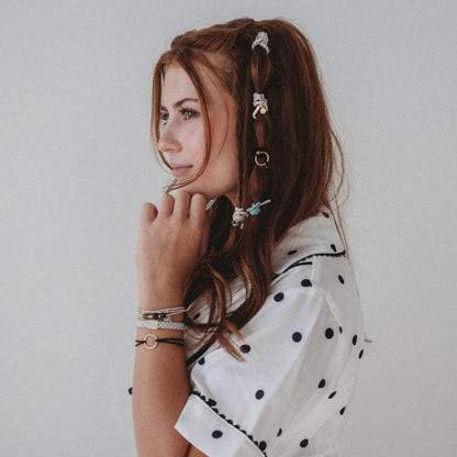 K'lani hair tie bracelets - "Flirt" Polka Dot in Cream & Black with Green Accent Hair Tie Bracelets