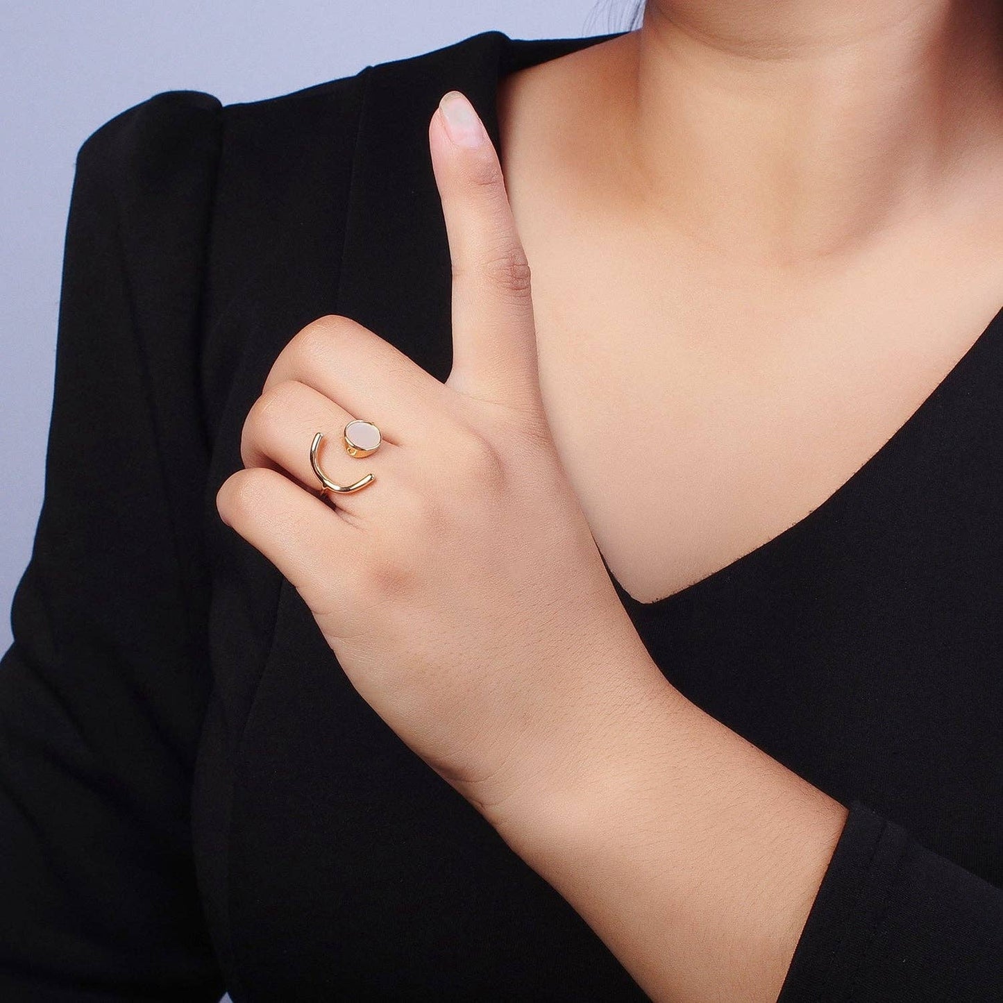 Aim Eternal - Geometric Crescent Round Shell Pearl Adjustable Gold Ring