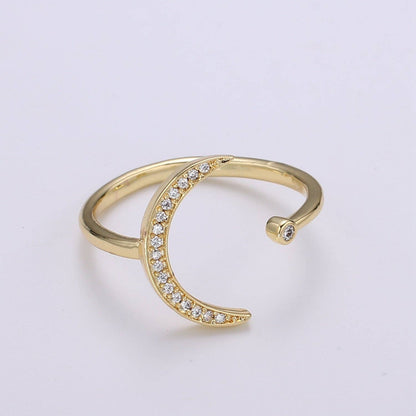 Aim Eternal - 1pc Cresent Moon Star CZ, Adjustable Gold Ring R315