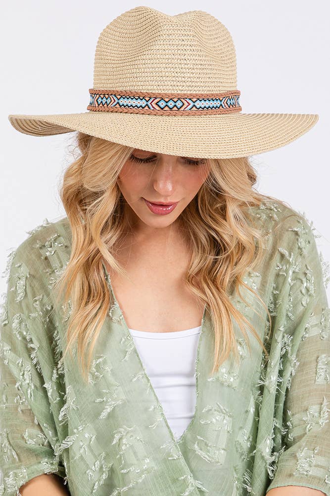 Hana - Woven Boho Aztec Pattern Band Summer Sun Hat