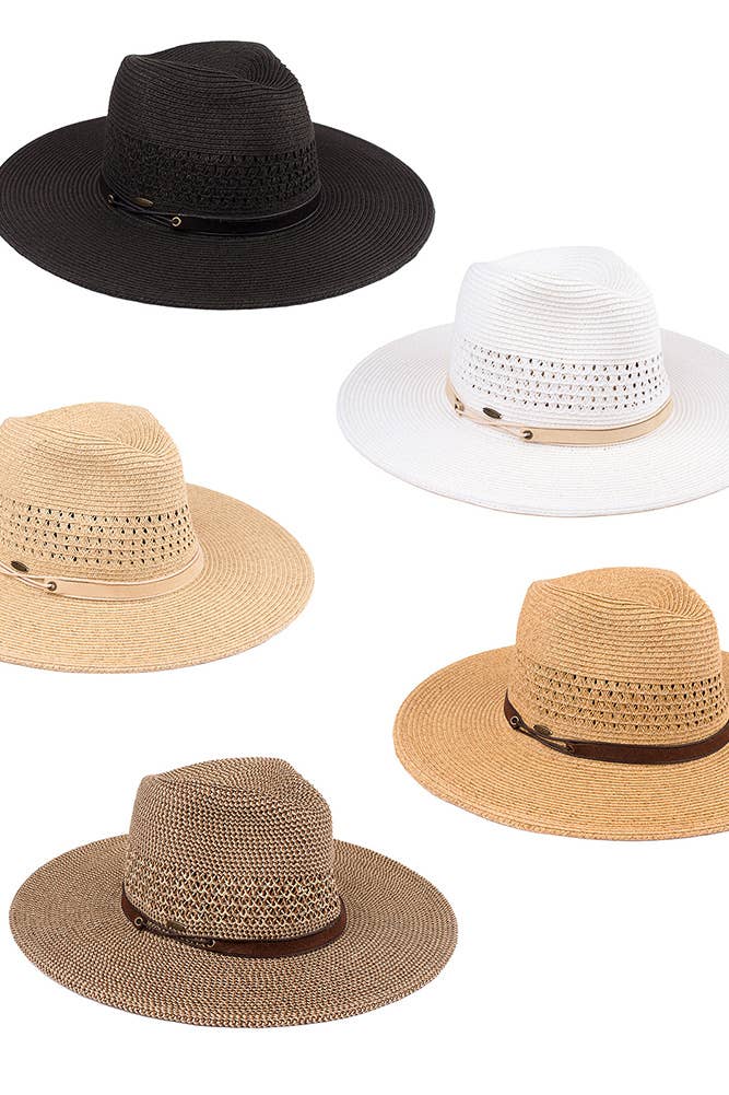 Hana - C.C Faux Leather String Straw Panama Hat