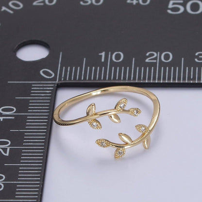 Aim Eternal - Micro Pave Olive Vine Leaf Adjustable Ring, Crystal Cubic Zirconia CZ Mother Nature Stacking Ring, Minimalist 16K Gold Filled Ring, Gift For Her Plant Mom U-436