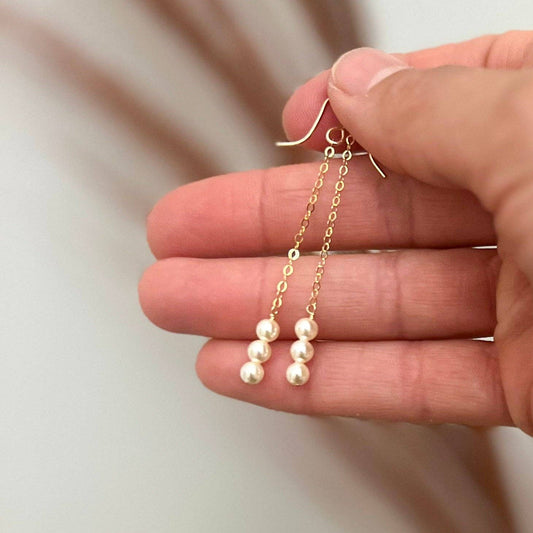 Sela+Sage - 3 Pearl Drop Earrings, Long Pearl Dangle