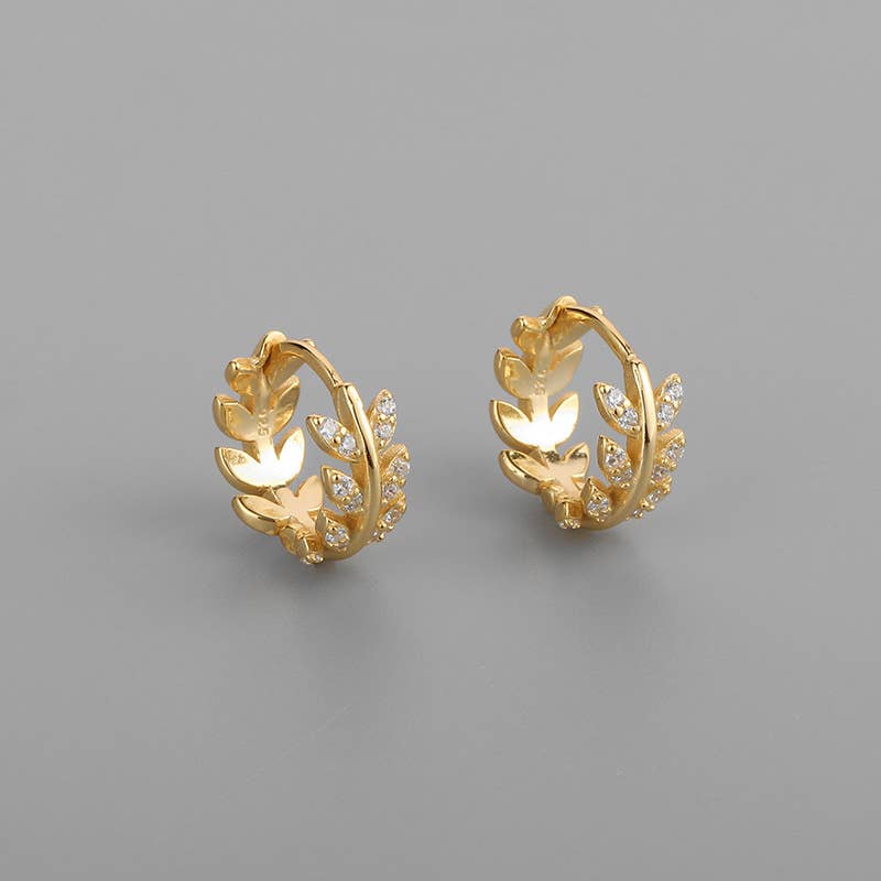Melange Blanc - E043 gold leaf huggie earrings, leaf hoop earrings, huggies
